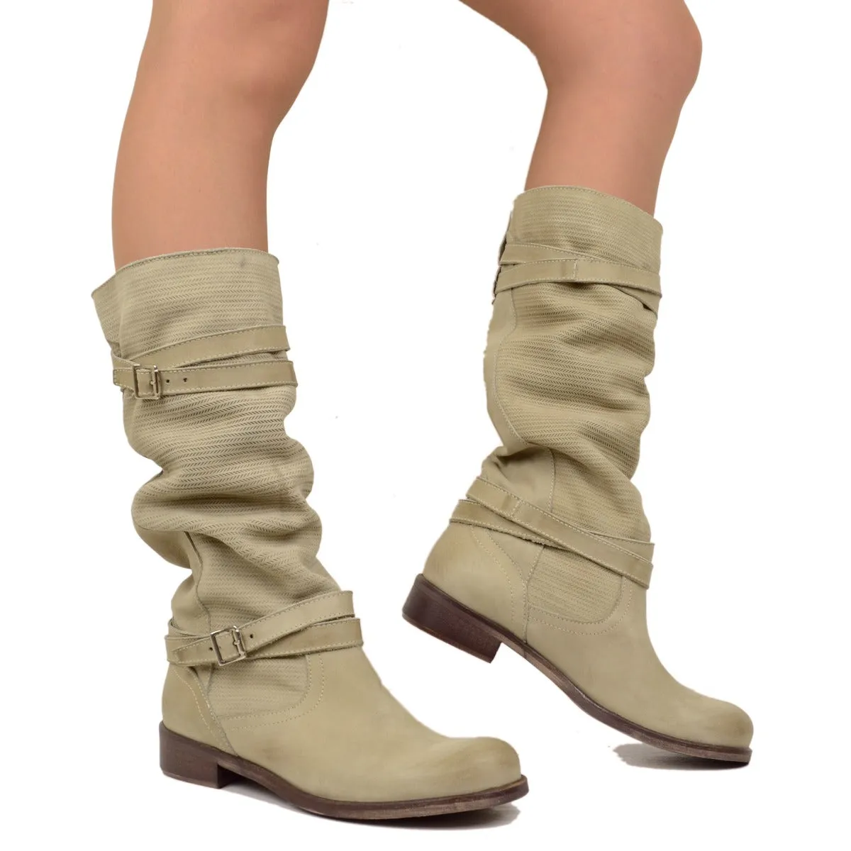 Stivali Donna Biker Estivi in Pelle Nabuk Zigrinati Taupe