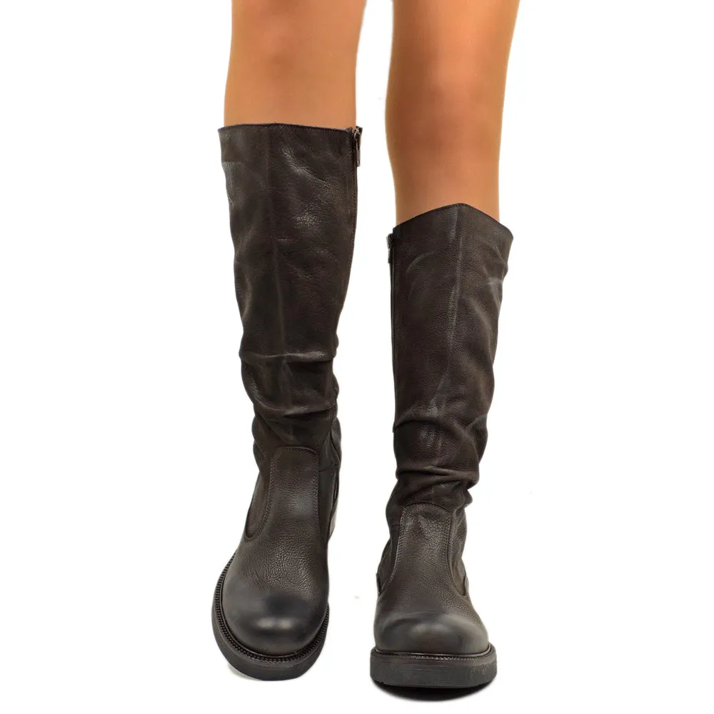 Stivali Donna Biker in Pelle Marroni con Zip Made in Italy