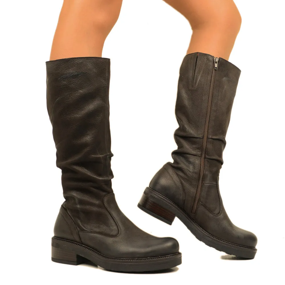Stivali Donna Biker in Pelle Marroni con Zip Made in Italy