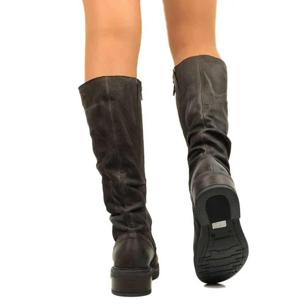 Stivali Donna Biker in Pelle Marroni con Zip Made in Italy