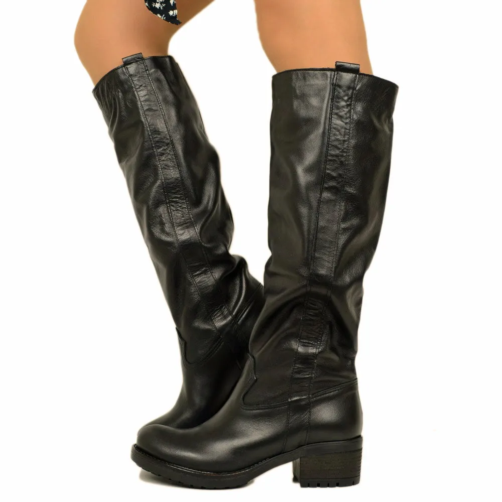 Stivali Donna Biker Neri in Pelle Tacco Medio Made in Italy