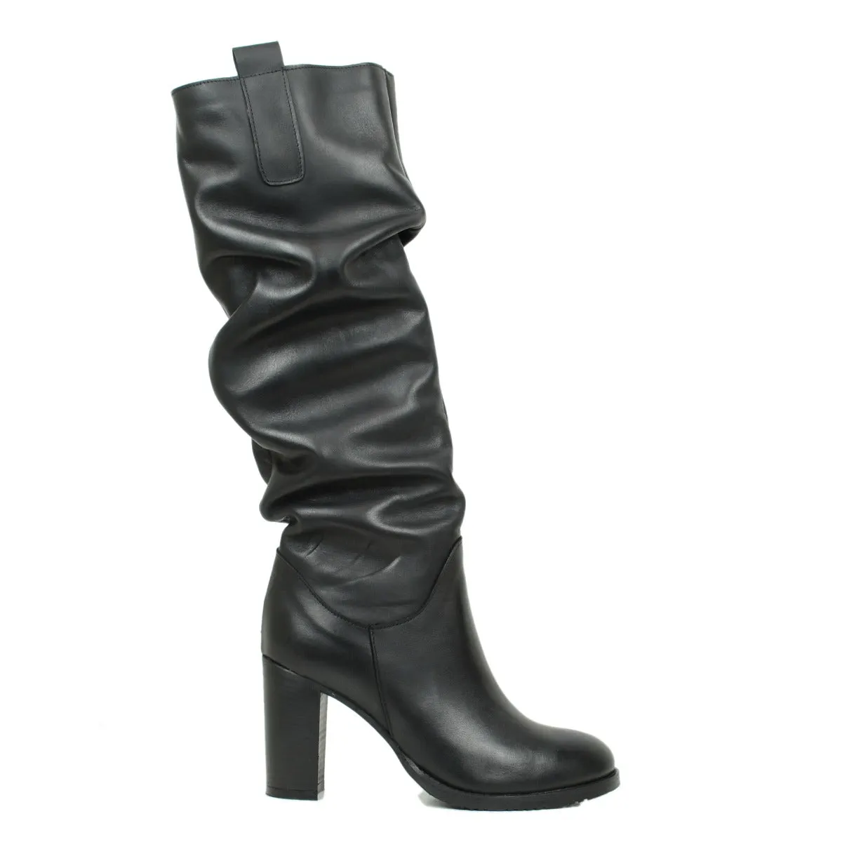 Stivali Donna Slouchy Plissettati in Pelle Nera Punta Tonda