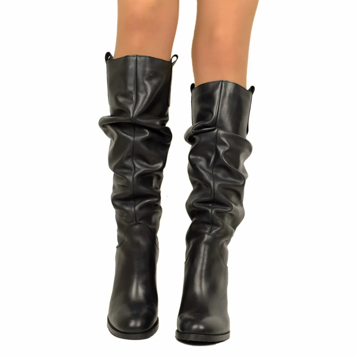 Stivali Donna Slouchy Plissettati in Pelle Nera Punta Tonda