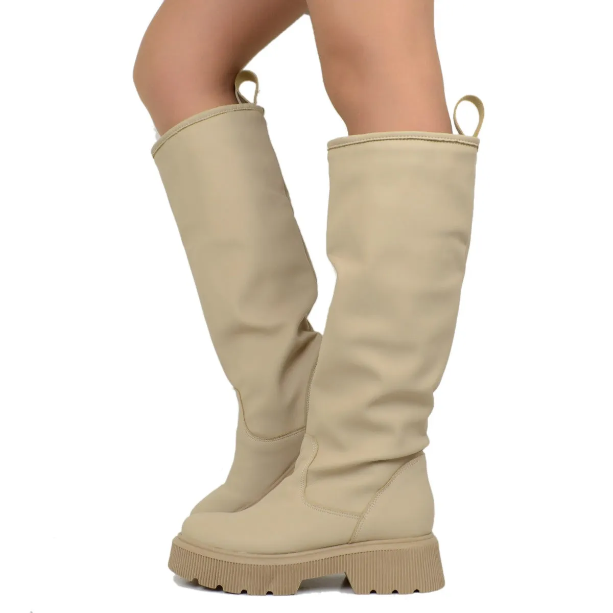 Stivali Donna Stile Pioggia Pelle Gommata Beige Fondo in Platform