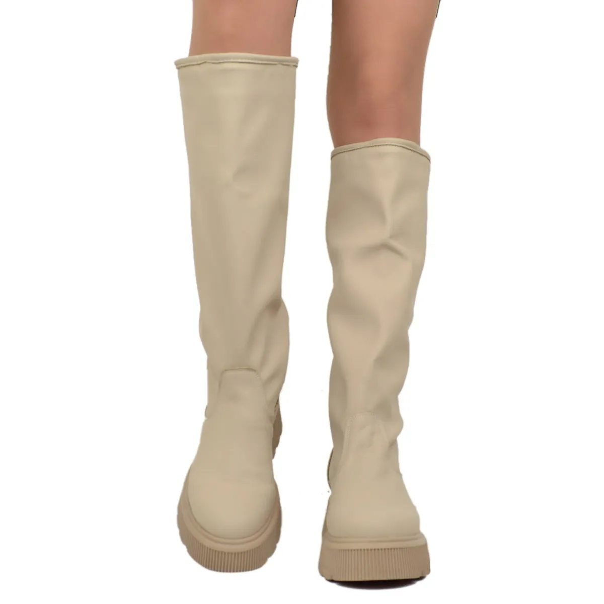 Stivali Donna Stile Pioggia Pelle Gommata Beige Fondo in Platform