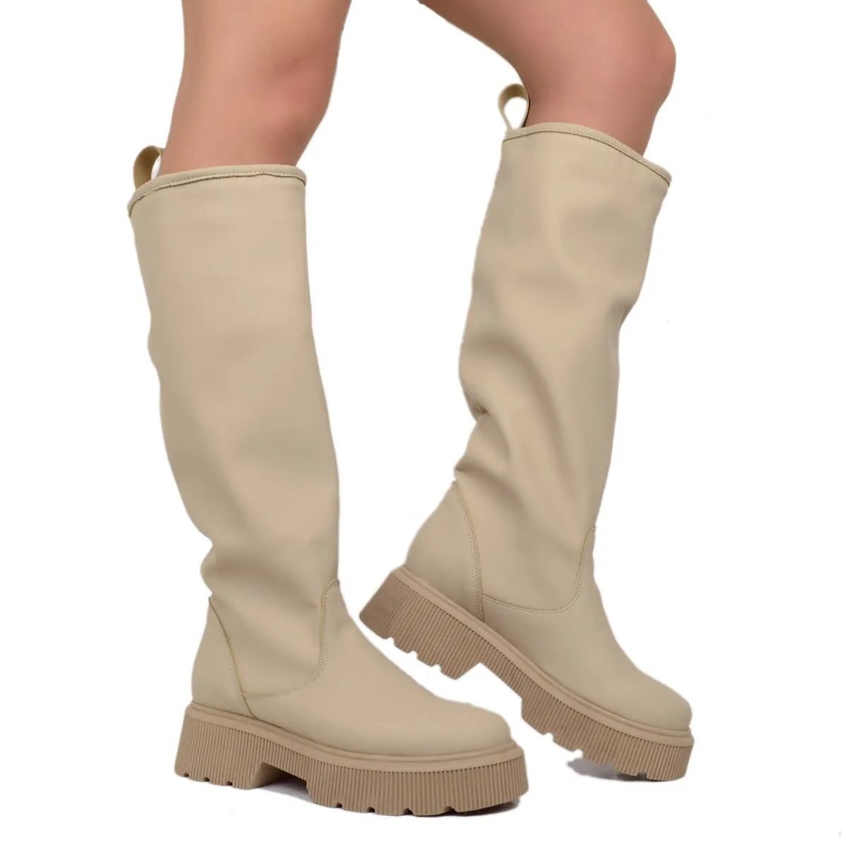 Stivali Donna Stile Pioggia Pelle Gommata Beige Fondo in Platform