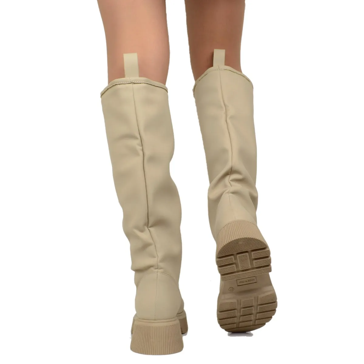 Stivali Donna Stile Pioggia Pelle Gommata Beige Fondo in Platform