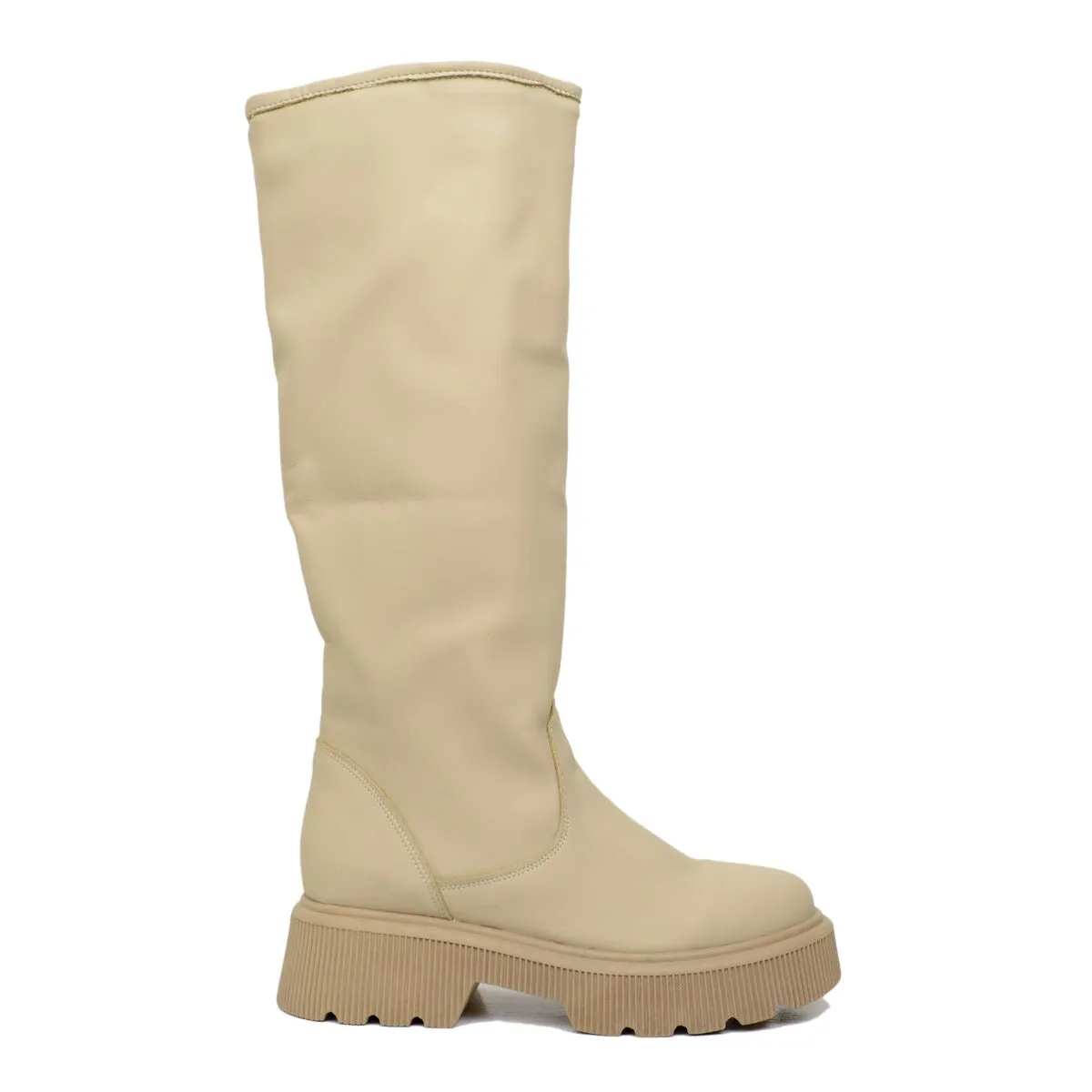 Stivali Donna Stile Pioggia Pelle Gommata Beige Fondo in Platform