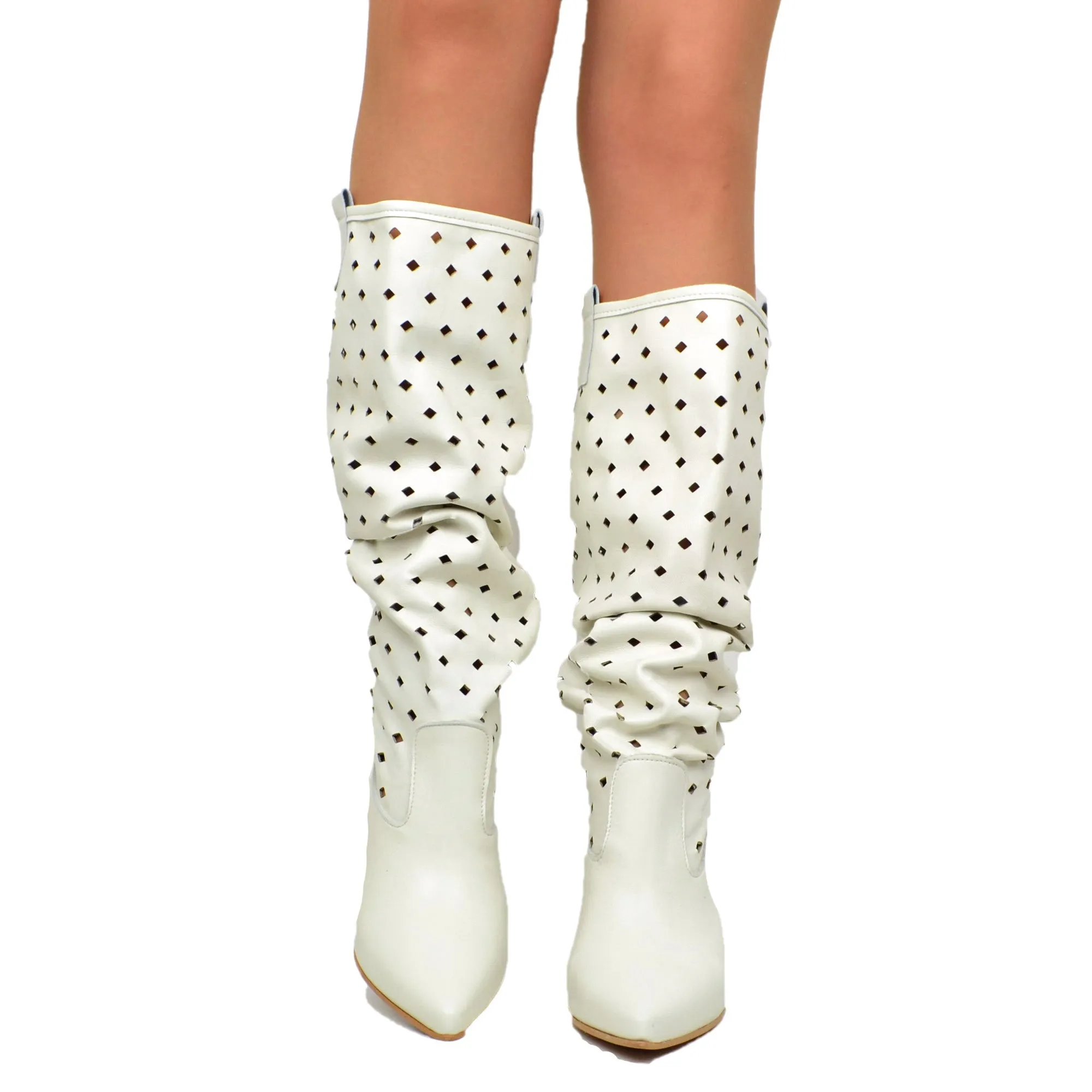 Stivali Estivi Traforati Alti Offwhite in Pelle Made in Italy