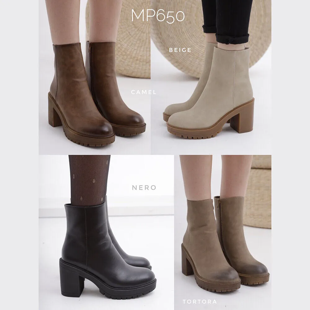 Stivali Stivaletti Tronchetti Da Donna Con Tacco Platform Zeppa MP650 nero beige