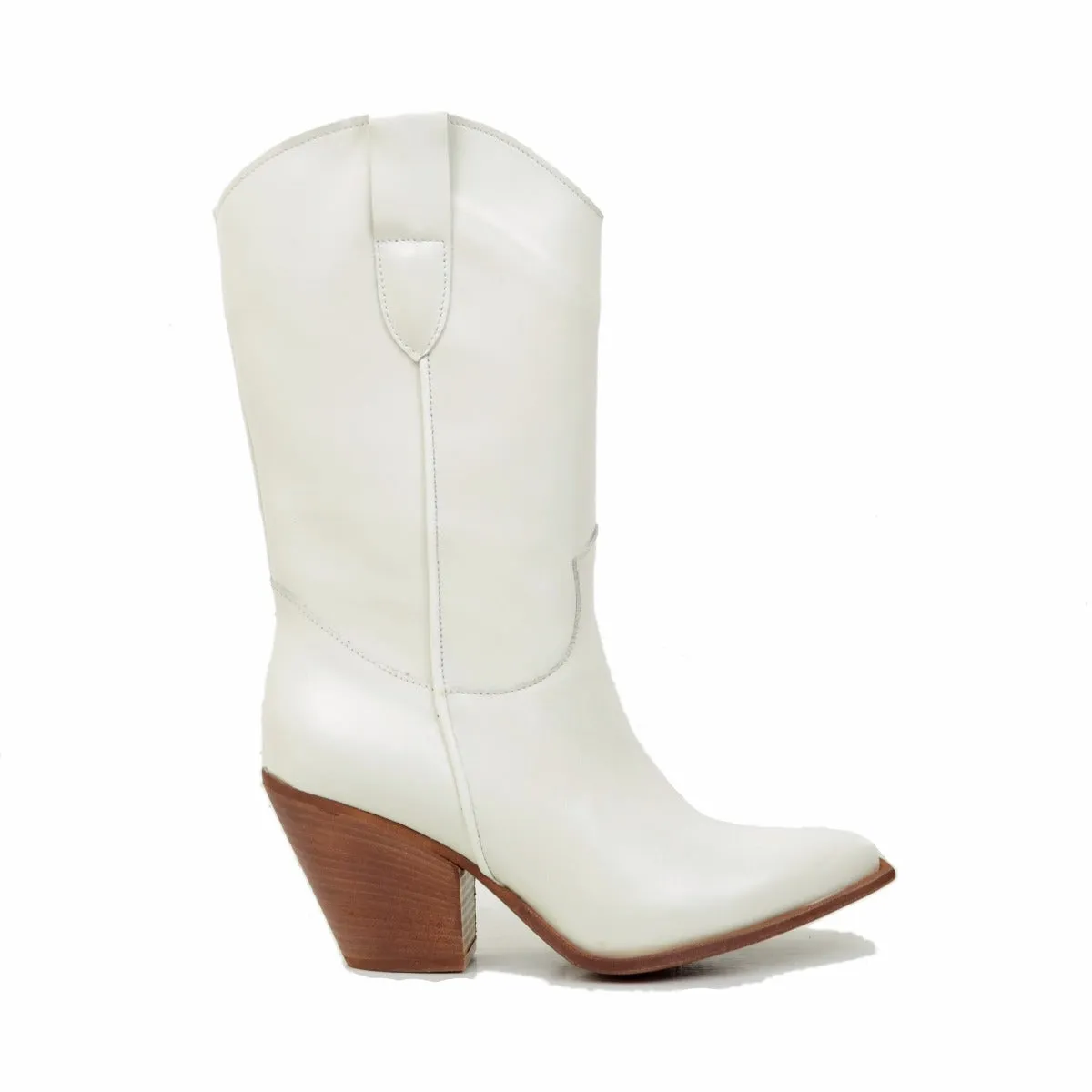Stivali Texani in Pelle Bianca con Tacco Alto Made in Italy