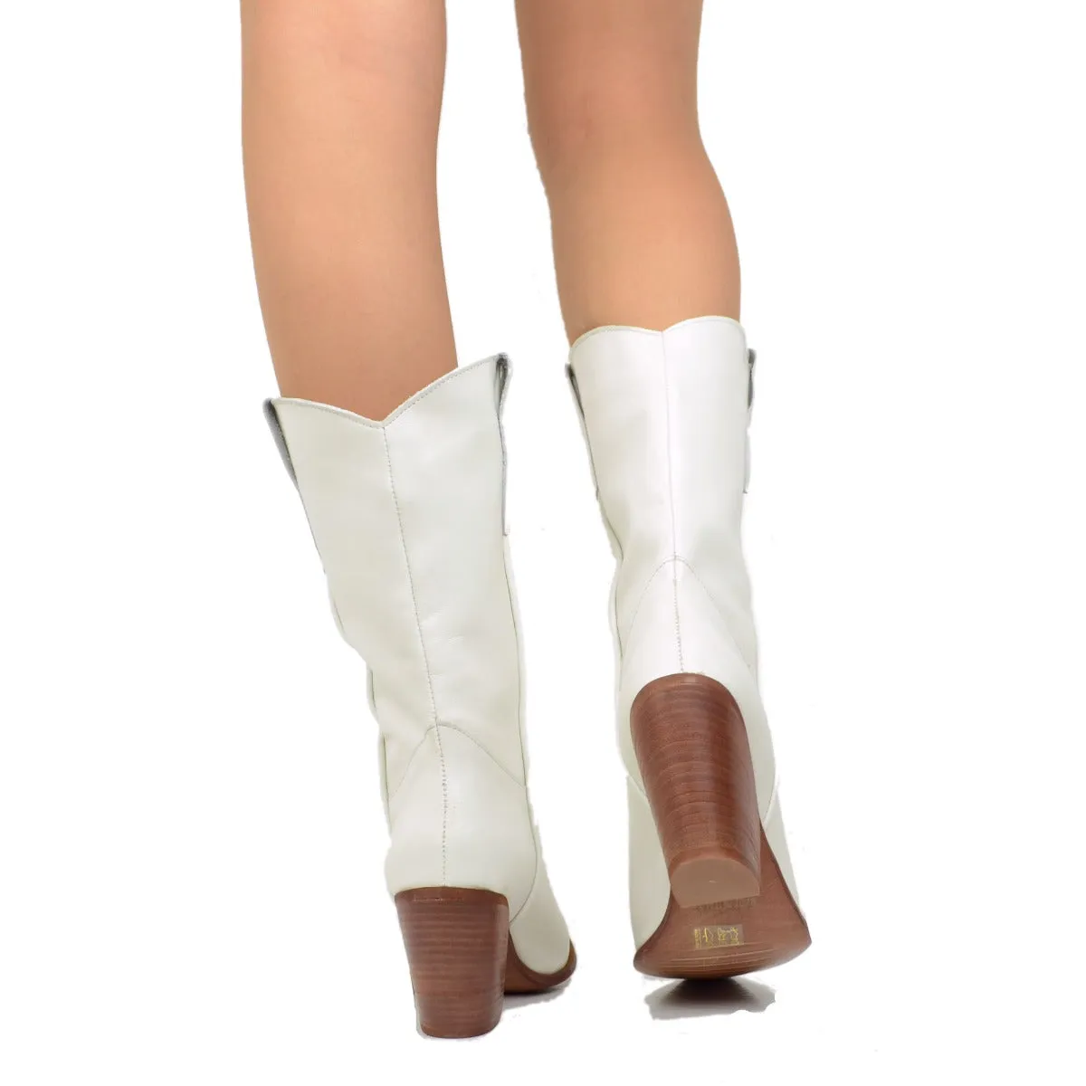 Stivali Texani in Pelle Bianca con Tacco Alto Made in Italy