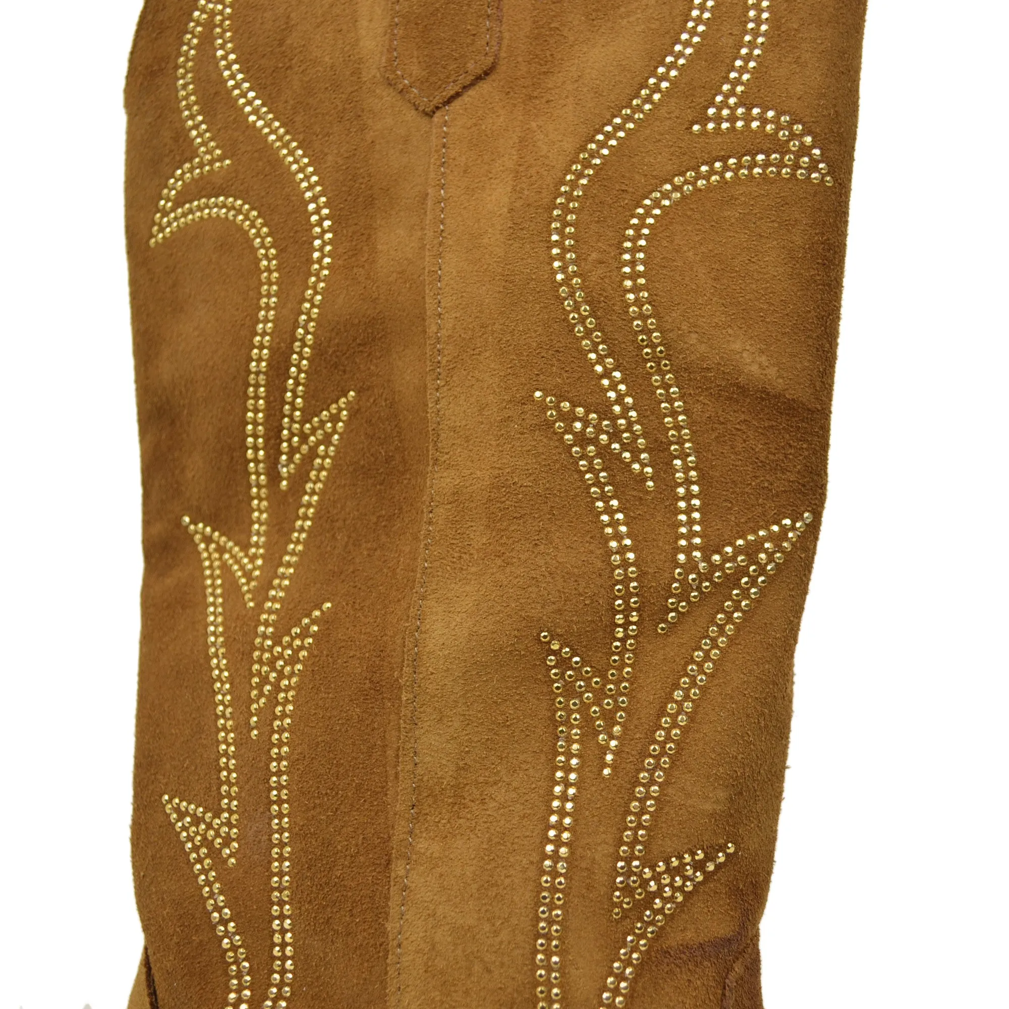 Stivali Texani in Pelle Scamosciata Cuoio con Strass a Fiamma Tacco Basso 4 cm