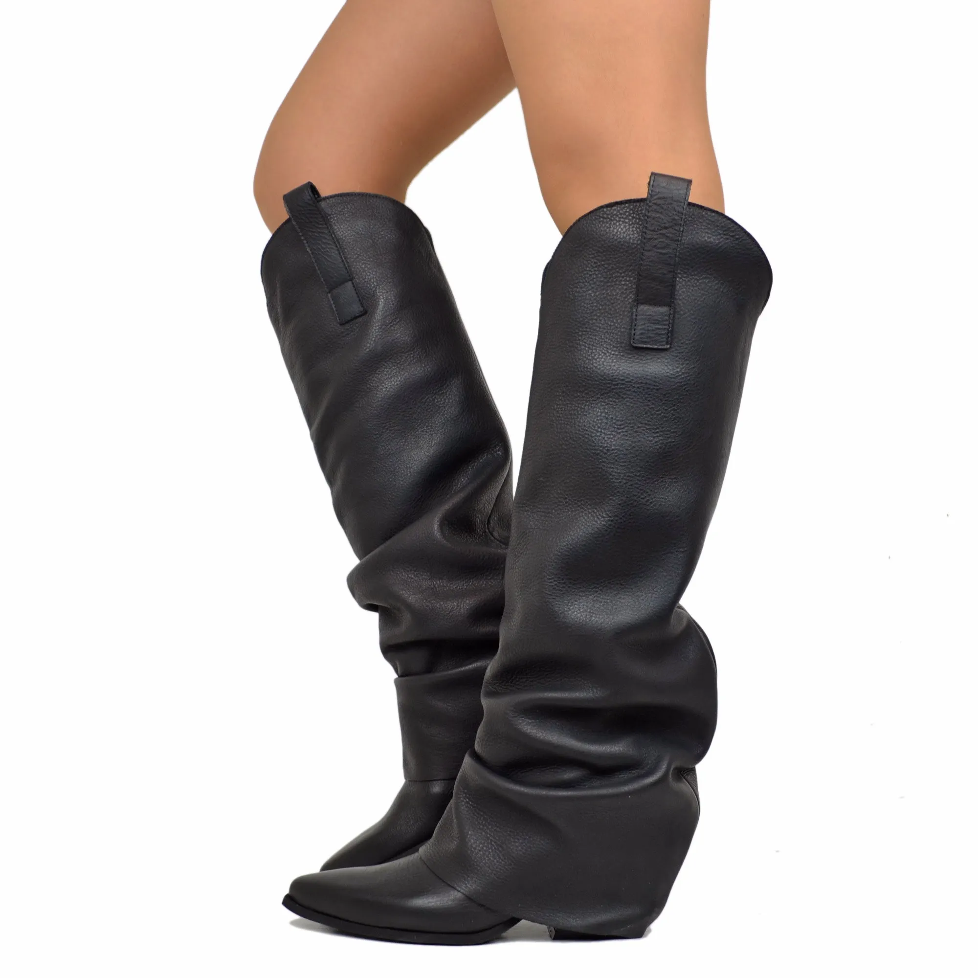 Stivali Texani Neri con Ghetta in Pelle Bottalata Made in Italy