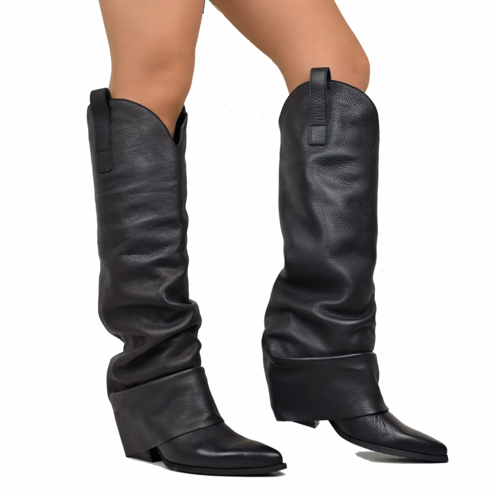 Stivali Texani Neri con Ghetta in Pelle Bottalata Made in Italy