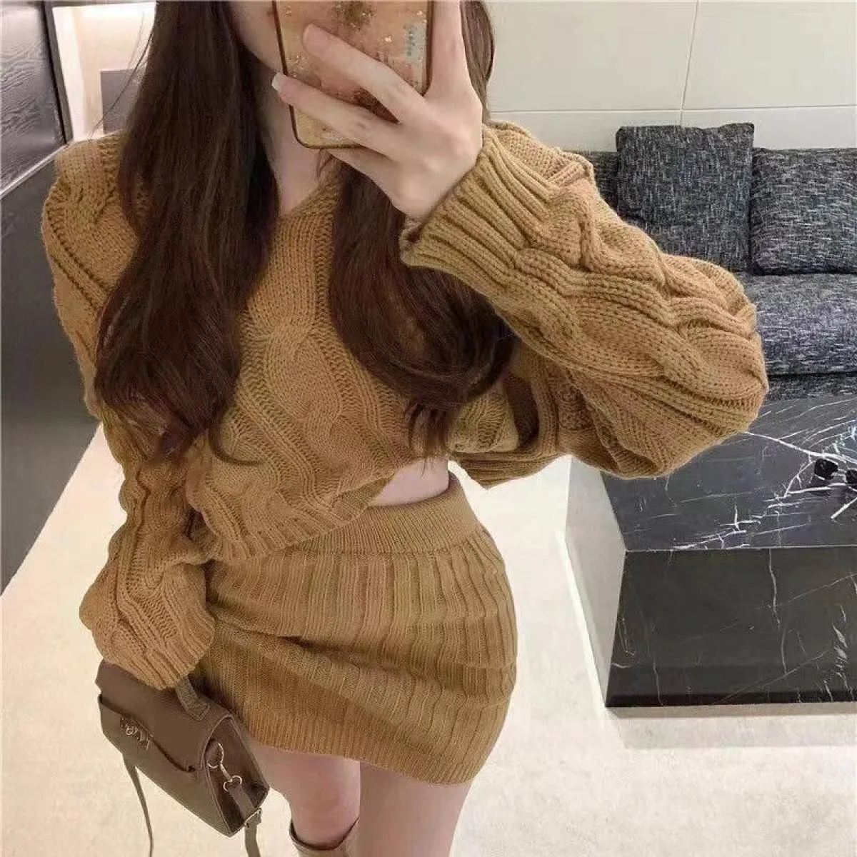 Xpqbb Maglione e gonne lavorati a maglia intrecciati da donna Set maglione corto a maniche lunghe con cappuccio con cappuccio La