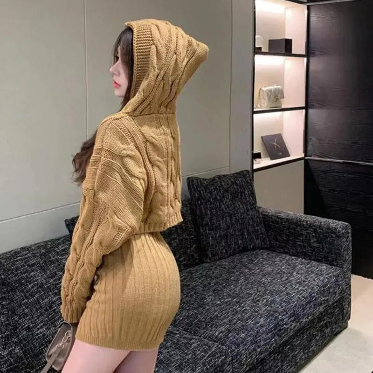 Xpqbb Maglione e gonne lavorati a maglia intrecciati da donna Set maglione corto a maniche lunghe con cappuccio con cappuccio La